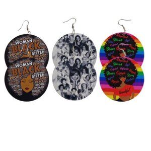 3 Pairs MEDIUM Statement Dangle Drop Wood Earrings Bundle - 001